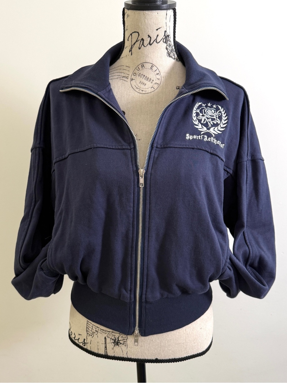 0717 Series Navy Zip Up Track Jacket Embroidered Crest Cropped Athletic Y2K M